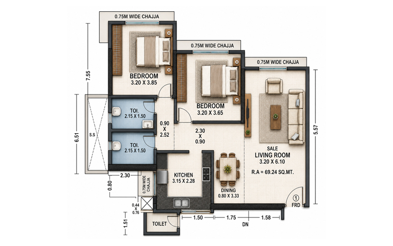 Mayfair Aranya 2 BHK floor plan - 745 sq.ft.