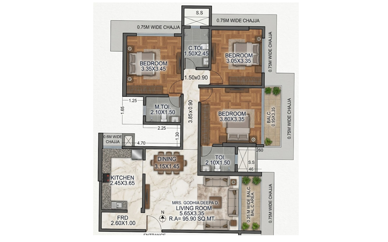 Mayfair Aranya 3 BHK floor plan - 1032 sq.ft.
