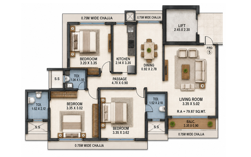 Mayfair Aranya 3 BHK floor plan - 860 sq.ft.