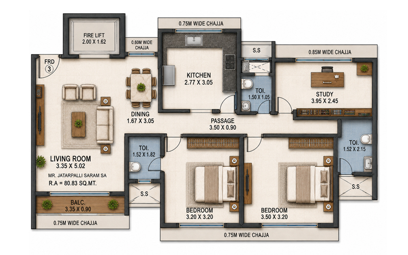 Mayfair Aranya 3 BHK floor plan - 870 sq.ft.